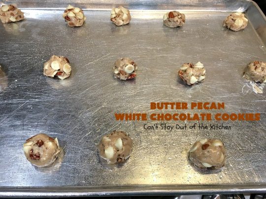 Butter Pecan White Chocolate Cookies | Can't Stay Out of the Kitchen | these delicious #cookies are irresistible. They start with a #ButterPecan #CakeMix & only use 5 ingredients. They will cure any sweet tooth craving you have! Terrific for #tailgating, potlucks & grilling out with friends. #dessert #chocolate #Southern #WhiteChocolateChips #ButterPecanWhiteChocolateCookies #ButterPecanDessert #ChocolateDessert #WhiteChocolateDessert #holiday #baking