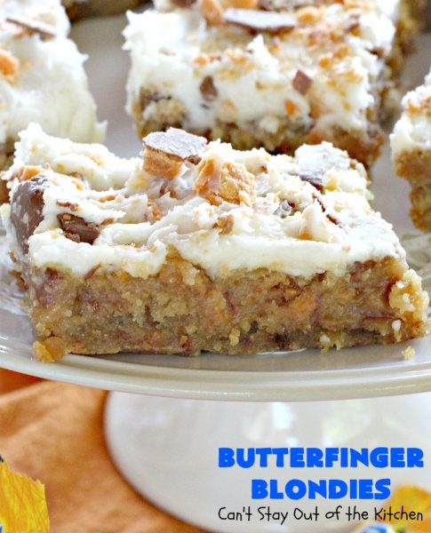 Butterfinger Blondies | Can't Stay Out of the Kitchen | these incredibly outrageous #brownies will have you salivating after the first bite. They are absolutely divine. These #cookies are perfect for #holiday #baking & #Christmas #cookie exchanges. #Butterfingers #ButterfingerDessert #chocolate #caramel #chocolatedessert #ChristmasDessert