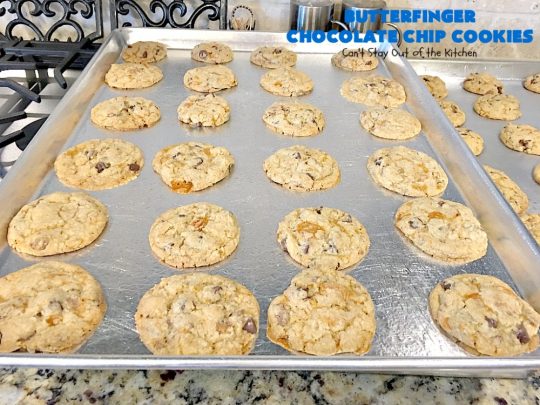 Butterfinger Chocolate Chip Cookies | Can't Stay Out of the Kitchen | these outrageous #cookies are terrific for #Christmas cookie exchanges & #holiday parties. Everyone will be drooling! #dessert #butterfingers #chocolate