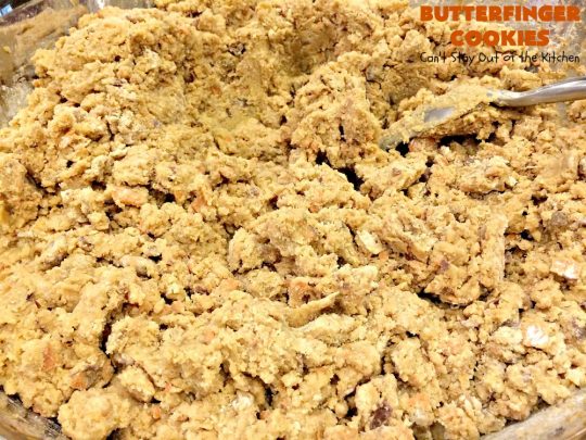 Butterfinger Cookies | Can't Stay Out of the Kitchen | these fabulous #PeanutButter #cookies include loads of chopped up #Butterfingers.  Absolutely heavenly & terrific for #Tailgating parties, potlucks, #SuperBowl or #ValentinesDay! #holiday #Dessert #HolidayDessert #ButterfingerDessert #PeanutButterDessert #ChocolateDessert #ChristmasCookieExchange #SuperBowlDessert #ValentinesDayDessert