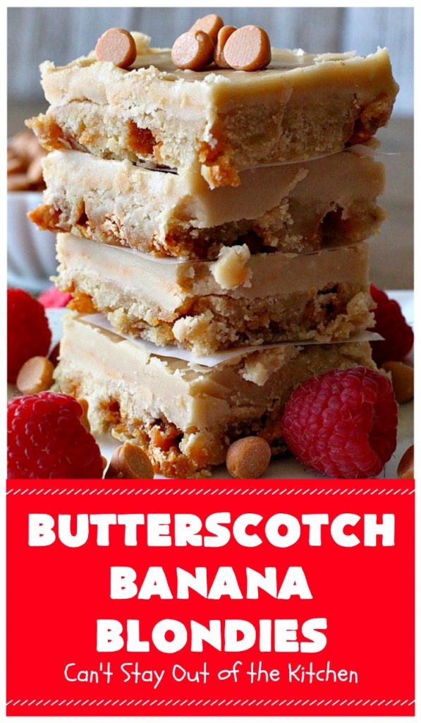 Butterscotch Banana Blondies | Can't Stay Out of the Kitchen | these luscious #cookies are filled with #bananas & #ButterscotchMorsels then they're topped with a #BrownedButterIcing. They're absolutely mouthwatering. #tailgating #brownies #dessert #BananaDessert #ButterscotchDessert #ButterscotchBananaBlondies