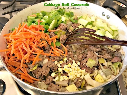 Cabbage Roll Casserole | Can't Stay Out of the Kitchen | the BEST #cabbageroll recipe ever! This one includes #bacon and #mozzarellacheese making an old-fashioned favorite even better. #rice #cabbage #groundbeef