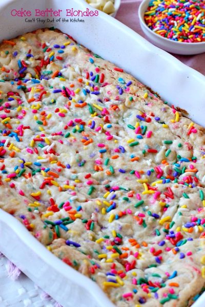 Cake Batter Blondies | Can't Stay Out of the Kitchen | the most awesome blondies ever! These are filled with #whitechocolatechips & #rainbowsprinkles for a heavenly taste you'll be drooling over! #chocolate #dessert