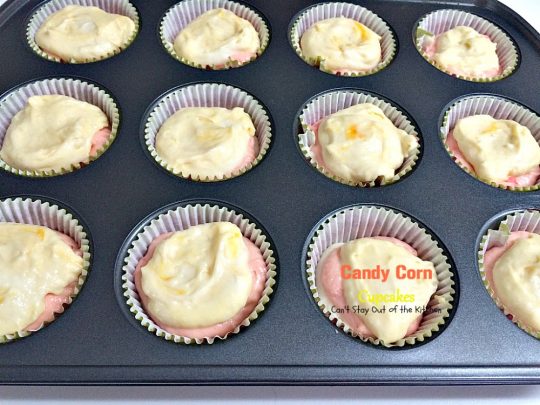 Candy Corn Cupcakes | Can't Stay Out of the Kitchen | these adorable #cupcakes are made with #candycorns and are a great way to use up leftover #Halloween candy! #dessert