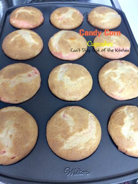 Candy Corn Cupcakes | Can't Stay Out of the Kitchen | these adorable #cupcakes are made with #candycorns and are a great way to use up leftover #Halloween candy! #dessert