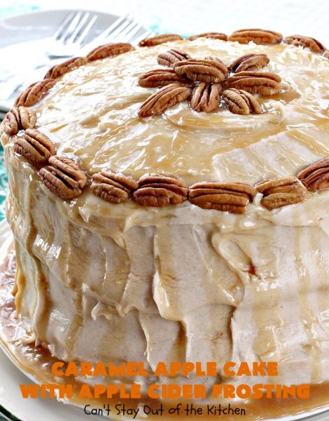 Caramel Apple Cake with Apple Cider Frosting | Can't Stay Out of the Kitchen | this heavenly #cake is rich, decadent & divine! It uses #caramel sauce in the cake & drizzled over the frosting. Absolutely mouthwatering! #dessert #apple
