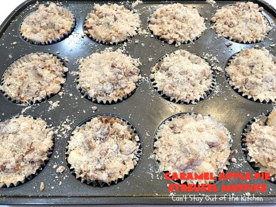 Caramel Apple Pie Streusel Muffins | Can't Stay Out of the Kitchen | these spectacular #muffins taste like eating #CandiedApples but in muffin form! The #recipe includes #CaramelApple #GreekYogurt. Perfect for a #holiday, company or weekend #breakfast. #apples #HolidayBreakfast #EasterBreakfast #MothersDayBreakfast