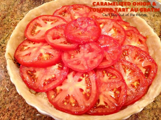 Caramelized Onion and Tomato Tart Au Gratin | Can't Stay Out of the Kitchen | this delectable tart is filled with #tomatoes, 4 cheeses & #CaramelizedOnions. It is so mouthwatering. Good as a #SideDish or for #Breakfast. #TomatoTart #TomatoPie #RomanoCheese #ParmesanCheese #AsiagoCheese #FontinaCheese #Holiday #HolidaySideDish #HolidayBreakfast #Easter #MothersDay