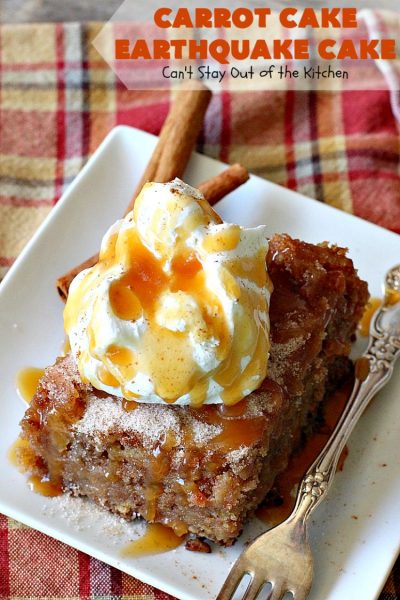 Carrot Cake Earthquake Cake | Can't Stay Out of the Kitchen | this fantastic #cake is rich, decadent & divine! It's layered with #pecans, #coconut, vanilla chips & uses a boxed #carrotcake mix. Then it has a #cheesecake icing layer that sinks into the #dessert while baking. The explosion causes an earthquake! Amazing dessert for company or #holidays.