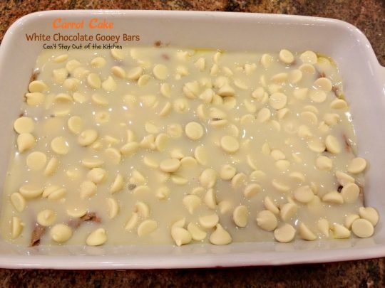 Carrot Cake White Chocolate Gooey Bars | Can't Stay Out of the Kitchen | these fabulous ooey, gooey #dessert #brownies start with a #carrotcake #cakemix & are filled with #whitechocolatechips. #chocolate #cookie