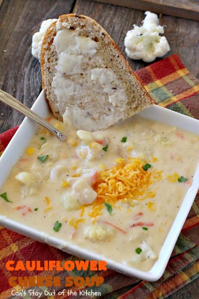 Cauliflower Cheese Soup | Can't Stay Out of the Kitchen | this #cauliflower #soup is heavenly. Uses #cheddarcheese #provolone & #creamofpotatosoup. Amazing comfort food.