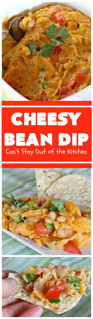Cheesy Bean Dip | Can't Stay Out of the Kitchen | this fantastic 5-ingredient #appetizer is the one you want to make for #tailgating, #NewYearsEve or #SuperBowl parties. It's smooth, creamy with just a little hint of heat from #jalapeno peppers. #bacon #cheese