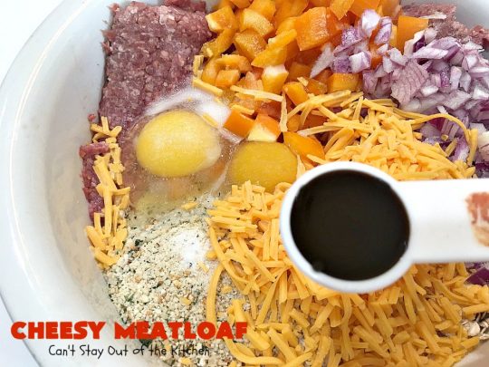 Cheesy Meatloaf | Can't Stay Out of the Kitchen | This amazing #meatloaf is filled with #cheddarcheese & topped with a #ketchup, mustard & brown sugar topping. This #glutenfree #entree uses #oatmeal & GF bread crumbs. #beef #groundbeef