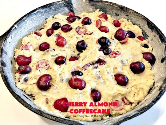 Cherry Almond Coffeecake | Can't Stay Out of the Kitchen | favorite #cherry #coffeecake recipe with #almonds & #coconut. Perfect #breakfast idea for the #FourthofJuly.