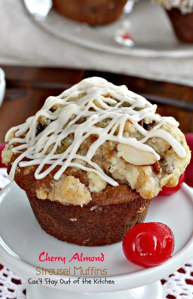 Cherry Almond Streusel Muffins | Can't Stay Out of the Kitchen | rich and decadent, these #breakfast #muffins are sweet enough for #dessert! #cherries #almonds #greekyogurt