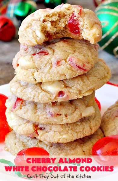 Cherry Almond White Chocolate Cookies | Can't Stay Out of the Kitchen | these terrific #cookies are perfect for the #holidays. They're festive & beautiful along with being so scrumptious. #cherries #almonds #chocolate #dessert