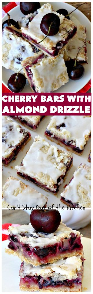 Cherry Bars with Almond Drizzle | Can't Stay Out of the Kitchen | these delicious #cookies will have you drooling after the first bite! The #almond drizzle on top is to die for. #dessert #cherries #LaborDay #cherrydessert #LaborDayDessert