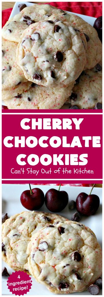 Cherry Chocolate Cookies | Can't Stay Out of the Kitchen | these delightful #cookies use only 4 ingredients! Yet they pack a powerful punch from the #CherryChipCakeMix & #ChocolateChips. Every bite will have you drooling. #chocolate #dessert #CherryCakeMix  #CherryDessert #ChocolateDessert #CherryChocolateCookies #tailgating #fall #ChristmasCookieExchange #FallBaking #holidays #HolidayBaking