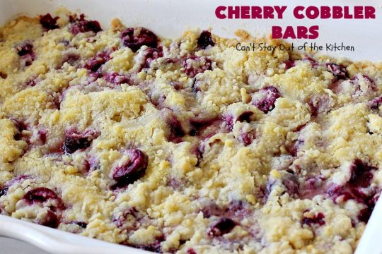 Cherry Cobbler Bars | Can't Stay Out of the Kitchen | this spectacular #cherry #dessert is filled with fresh #cherries & #almond extract in the filling and crust. It's ooey, gooey & so delicious for a summer dessert when cherries are in season. #cookies #cherrydessert #Canbassador #NorthwestCherryGrowers