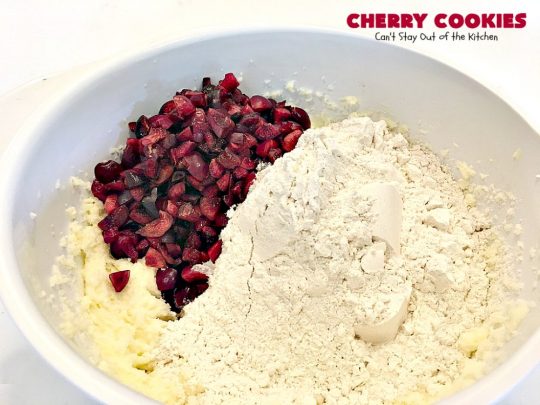 Cherry Cookies | Can't Stay Out of the Kitchen| these fantastic #cookies use fresh #cherries & #almond extract in a #sugarcookie dough. Perfect for summer treats when cherries are in season. #dessert
