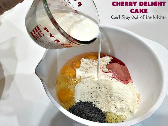Cherry Delight Cake | Can't Stay Out of the Kitchen | Prepare to be WOWED by this fantastic #cherry #cake. This one is super moist & is absolutely delicious. It starts with a boxed #cakemix & cherry #gelatin. #dessert #cherrydessert #cherrycake