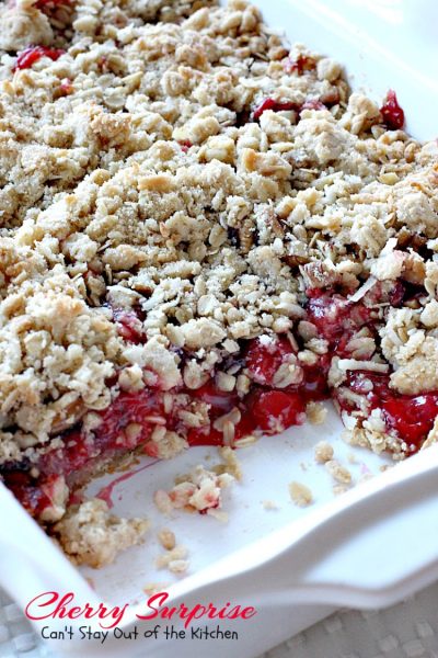 Cherry Surprise | Can't Stay Out of the Kitchen | this fabulous #dessert is made with #cherrypiefilling #coconut and #pecans in a lovely #oatmeal crust. This makes a great #cobbler for #holidays and #Valentine'sDay. 