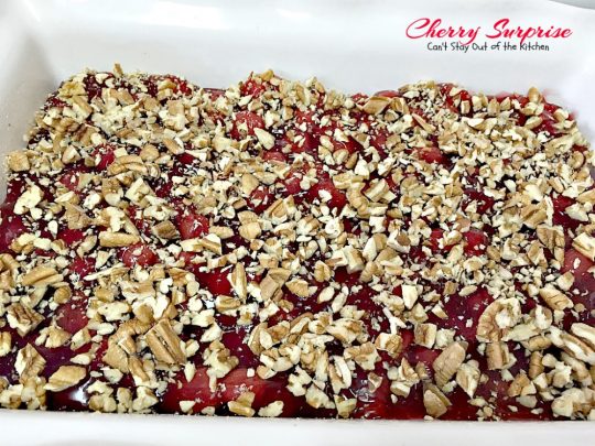 Cherry Surprise | Can't Stay Out of the Kitchen | this fabulous #dessert is made with #cherrypiefilling #coconut and #pecans in a lovely #oatmeal crust. This makes a great #cobbler for #holidays and #Valentine'sDay. 