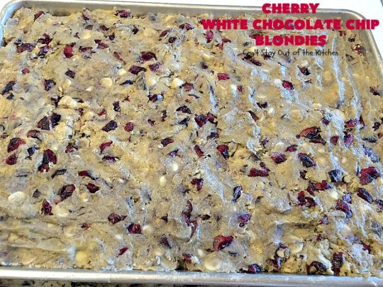Cherry White Chocolate Chip Blondies | Can't Stay Out of the Kitchen | these fantastic #brownies will have you drooling after the first bite. They're filled with white #chocolate chips & fresh #cherries & they're absolutely awesome! #cookie #dessert #cherrydessert #Canbassador #NorthwestCherryGrowers