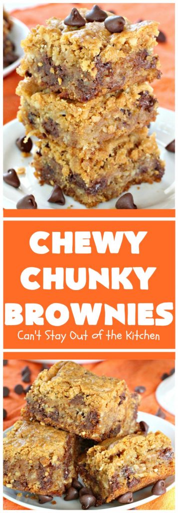 Chewy Chunky Brownies | Can't Stay Out of the Kitchen | these spectacular #brownies include #ChocolateChips #HeathEnglishToffeeBits, #coconut & #walnuts. They are ooey, gooey & so heavenly. Perfect for #tailgating, potlucks, backyard BBQs & summer #holiday fun like #FourthOfJuly & #LaborDay. #dessert #ChocolateDessert #cookie #chocolate #ToffeeDessert #ChewyChunkyBrownies #HolidayDessert