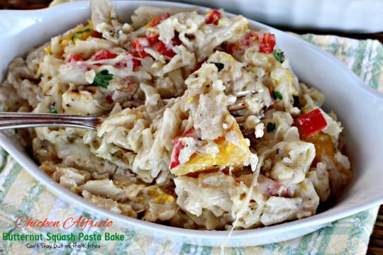 Chicken Alfredo Butternut Squash Pasta Bake | Can't Stay Out of the Kitchen | wonderful #alfredo dish even your kids will enjoy. Made with #chicken #butternutsquash and #glutenfree #pasta.