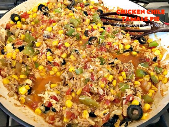 Chicken Chile Tamale Pie | Can't Stay Out of the Kitchen | this amazing #tamale pie tastes absolutely fantastic. It's perfect for #tailgating parties & potlucks. #chicken #avocados #corn #olives #cheese #glutenfree