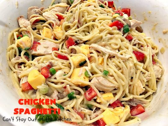 Chicken Spaghetti | Can't Stay Out of the Kitchen | this awesome #TexMex #chicken entree is delicious for company dinners. The recipe makes 2 #casseroles. One for now and one to freeze for later! #pasta #spaghetti #cheese