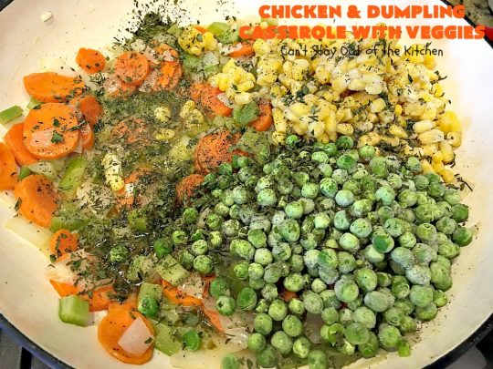 Chicken and Dumpling Casserole with Veggies | Can't Stay Out of the Kitchen | this amazing #chicken #casserole magically makes it's own #noodles as it bakes. It's an awesome #recipe that everyone loves. #carrots #peas #corn