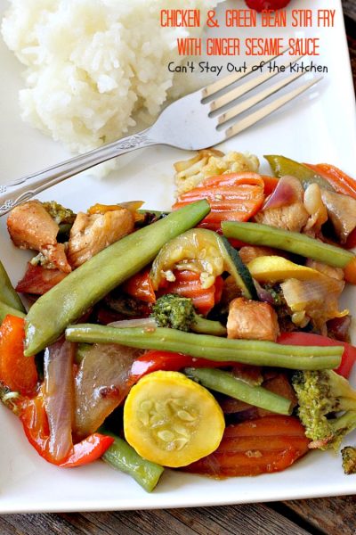 Chicken and Green Bean Stir Fry with Ginger Sesame Sauce | Can't Stay Out of the Kitchen | this delicious main dish uses lots of fresh veggies in a fantastic ginger sesame sauce. Healthy, low calorie, #glutenfree. #chicken