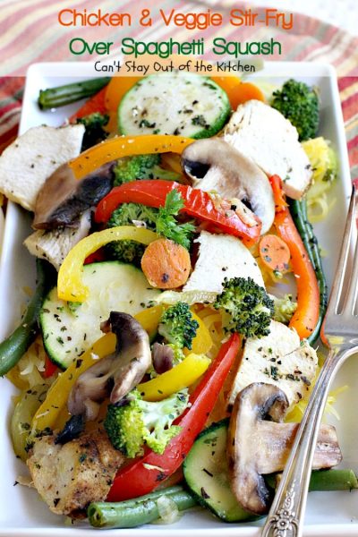 Chicken & Veggie Stir-Fry Over Spaghetti Squash | Can't Stay Out of the Kitchen | fabulous #stirfry dish with #chicken and a ton of #veggies. Healthy, #lowcalorie and #glutenfree.