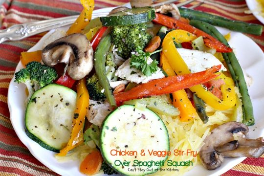 Chicken & Veggie Stir-Fry Over Spaghetti Squash | Can't Stay Out of the Kitchen | fabulous #stirfry dish with #chicken and a ton of #veggies. Healthy, #lowcalorie and #glutenfree.