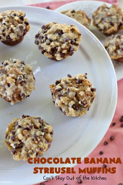 Chocolate Banana Streusel Muffins | Can't Stay Out of the Kitchen | these delicious #muffins are irresistible. They're filled with #bananas & topped with a streusel made from miniature #ChocolateChips & brown sugar. Once the muffins bake, the top turns to #toffee! So mouthwatering. #breakfast #chocolate #HolidayBreakfast #Easter #MothersDay #EasterBreakfast #MothersDayBreakfast #ChocolateMuffins #BananaMuffins #ToffeeMuffins