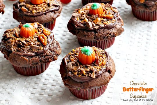Chocolate Butterfinger Cupcakes | Can't Stay Out of the Kitchen | these fantastic #chocolate #cupcakes are filled with #ButterfingerBites and spread with #Hershey's dark roast chocolate frosting then they're sprinkled with more #butterfinger deliciousness on top! #dessert