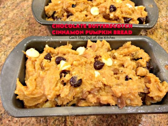 Chocolate Butterscotch Cinnamon Pumpkin Bread | Can't Stay Out of the Kitchen | this outrageous #pumpkin #bread includes #chocolate, white chocolate, #butterscotch & #cinnamon chips. It's iced with all four flavors too. Perfect bread for #fall #baking or #Thanksgiving.