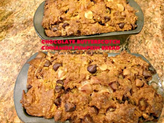 Chocolate Butterscotch Cinnamon Pumpkin Bread | Can't Stay Out of the Kitchen | this outrageous #pumpkin #bread includes #chocolate, white chocolate, #butterscotch & #cinnamon chips. It's iced with all four flavors too. Perfect bread for #fall #baking or #Thanksgiving.