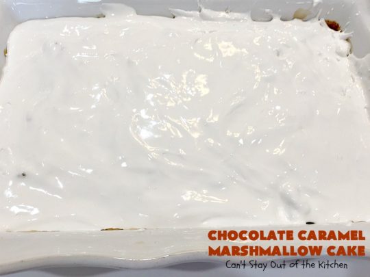 Chocolate Caramel Marshmallow Cake | this spectacular #chocolate #cake has a #caramel-like #praline filling & #marshmallow frosting. It's to die for! Terrific for company &  #holidays like #MothersDay or #FathersDay. #toffee #ChocolateCake #HolidayDessert #MothersDayDessert #FathersDayDessert #ChocolateCaramelMarshmallowCake #ChocolateDessert #CaramelDessert #ToffeeDessert #MarshmallowDessert