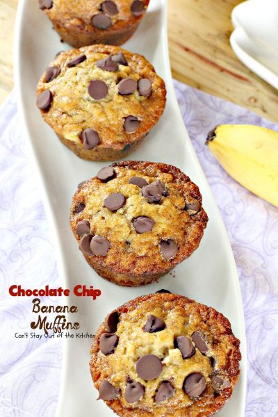Chocolate Chip Banana Muffins | Can't Stay Out of the Kitchen | some of the most scrumptious #muffins you'll ever eat. Quick and easy for a #holiday #breakfast. #chocolate #bananas