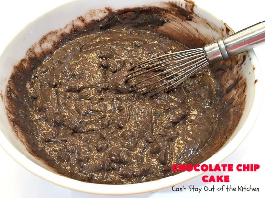 Chocolate Chip Cake | Can't Stay Out of the Kitchen | this lovely #chocolate #cake has triple the chocolate flavor with #CakeMix, #ChocolatePudding & chocolate chips. It's so quick & easy to make, too. Everyone always loves it! #Dessert #ChocolateCake #ChocolateDessert #ChocolateChipCake #ChocolateChipDessert #EasyChocolateCake #ValentinesDay #ValentinesDayDessert