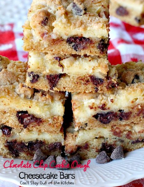 Chocolate Chip Cookie Dough Cheesecake Bars | Can't Stay Out of the Kitchen | these sensational #brownies combine the best of #chocolatechip #cookies with a luscious #cheesecake layer. We absolutely devoured them! #dessert #chocolate