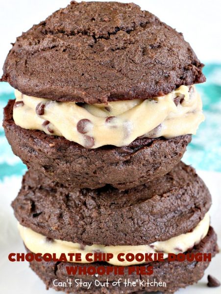 Chocolate Chip Cookie Dough Whoopie Pies | Can't Stay Out of the Kitchen | these outrageous #cookies are like a meal to themselves! Rich, decadent & so chocolaty. No eggs in the #cookiedough filling either. #chocolate #dessert #ChocolateChip #ChocolateChipCookieDough #WhoopiePies #ChocolateDessert #ChocolateCookie #ChristmasCookieExchange #ValentinesDay #ValentinesDayDessert #Holiday #Tailgating #HolidayDessert