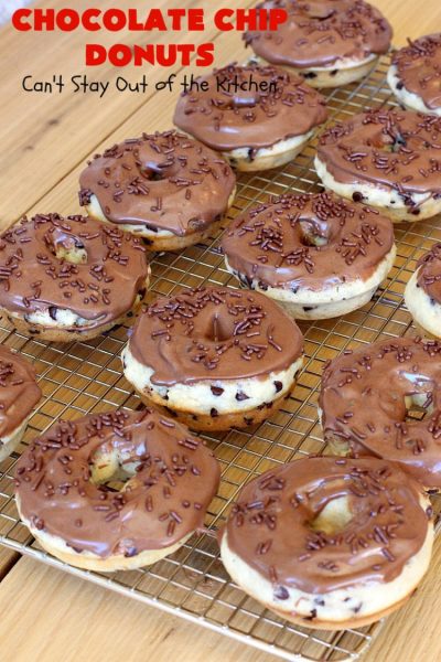 Chocolate Chip Donuts | Can't Stay Out of the Kitchen | these spectacular #donuts are filled with miniature #ChocolateChips. They're glazed with a #chocolate icing and sprinkled with chocolate #sprinkles on top. Mouthwatering #breakfast for #holidays like #MothersDay or #FathersDay. #HolidayBreakfast #FathersDayBreakfast #MothersDayBreakfast #ChocolateChipDonuts