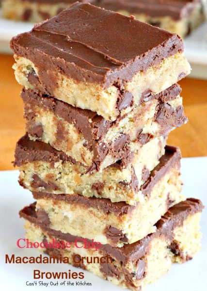 Chocolate Chip Macadamia Crunch Brownies | Can't Stay Out of the Kitchen | these outrageous #brownies are to die for! Absolutely divine #chocolate frosting. #dessert
