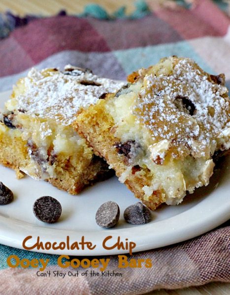 Chocolate Chip Ooey Gooey Bars | Can't Stay Out of the Kitchen | these luscious #blondies are ooey-gooey and so delicious. Wonderful for #holiday parties too. #dessert #chocolate