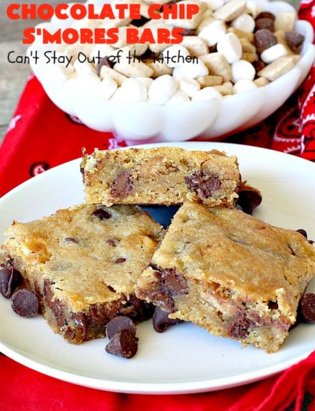Chocolate Chip S'Mores Bars | Can't Stay Out of the Kitchen | these amazing #brownies use #chocolatechips & #Hersheys #SmoresBakingPieces. They're absolutely delightful and terrific for any kind of potluck, backyard barbecue or #holiday #baking. #Tailgating #Smores #chocolate
