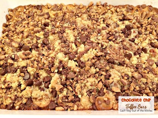 Chocolate Chip Toffee Bars | Can't Stay Out of the Kitchen | rich and decadent #brownies are loaded with #chocolatechips #pecans #HeathEnglishToffeeBits and use a can of #condensedmilk. #chocolate #dessert